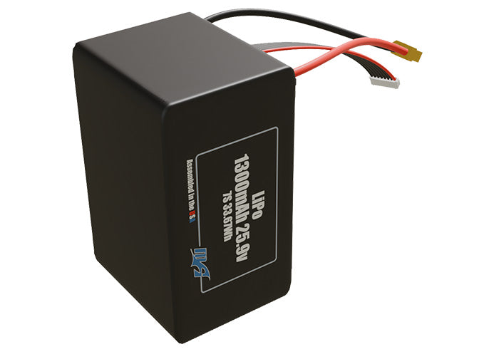 Side-angle render of a 25.9-volt 1300mAh lithium-polymer battery, assembled in the USA for compact UAV, drone, and military robotics platforms.