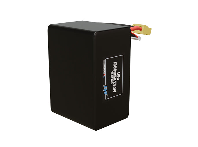 Side-angle render of a 25.9-volt 1300mAh lithium-polymer battery, assembled in the USA for compact UAV, drone, and military robotics platforms.