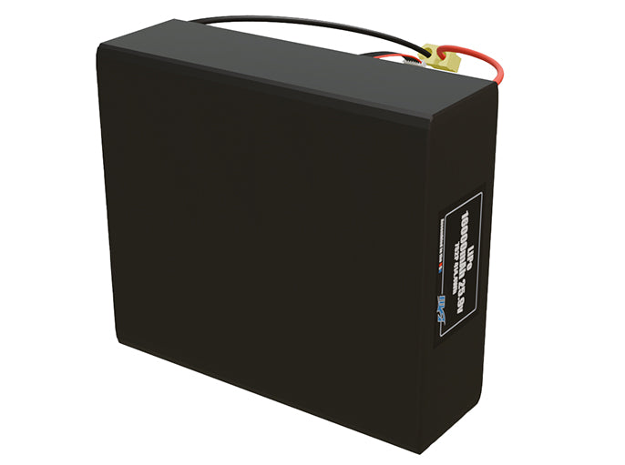 Side-angle render of a 25.9-volt 16000mAh lithium-polymer battery, assembled in the USA for compact UAV, drone, and military robotics platforms.