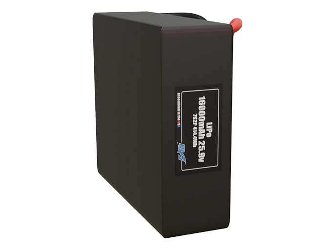 Side-angle render of a 25.9-volt 16000mAh lithium-polymer battery, assembled in the USA for compact UAV, drone, and military robotics platforms.