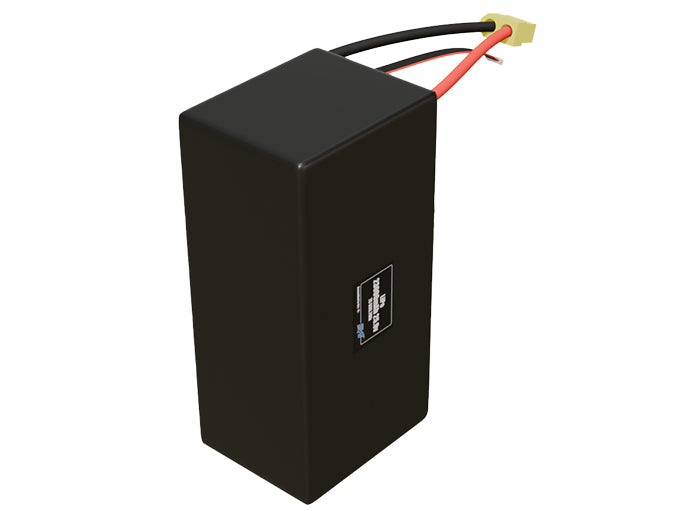 Side-angle render of a 25.9-volt 23000mAh lithium-polymer battery, assembled in the USA for compact UAV, drone, and military robotics platforms.
