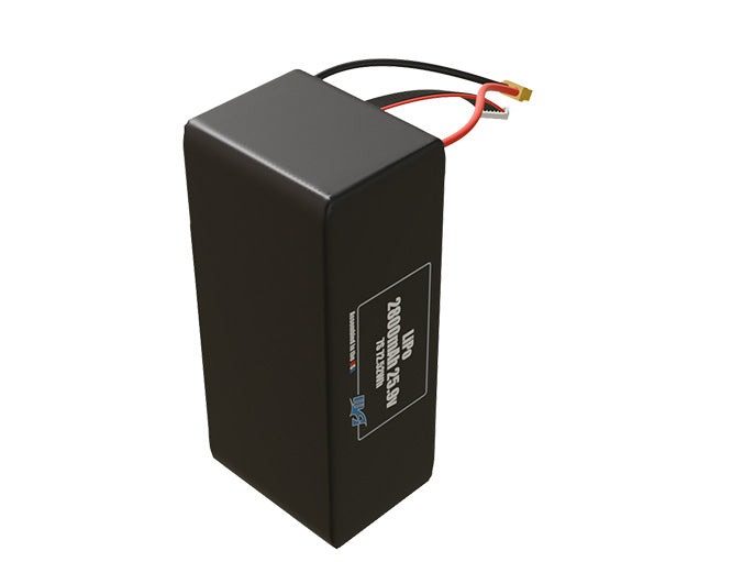 Side-angle render of a 25.9-volt 2800mAh lithium-polymer battery, assembled in the USA for compact UAV, drone, and military robotics platforms.