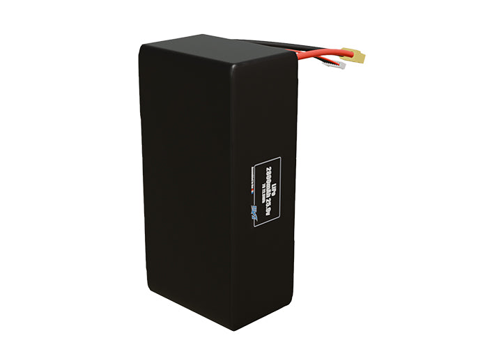 Side-angle render of a 25.9-volt 2800mAh lithium-polymer battery, assembled in the USA for compact UAV, drone, and military robotics platforms.