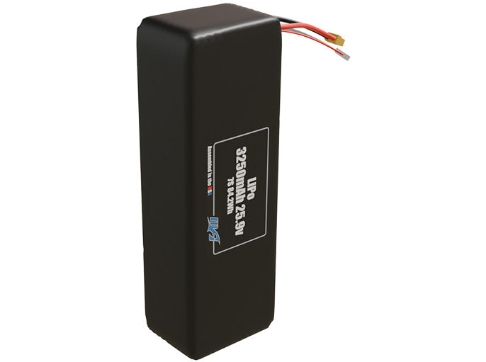 Side-angle render of a 25.9-volt 3250mAh lithium-polymer battery, assembled in the USA for compact UAV, drone, and military robotics platforms.