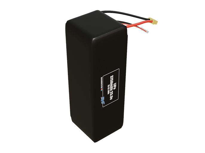 Side-angle render of a 25.9-volt 3750mAh lithium-polymer battery, assembled in the USA for compact UAV, drone, and military robotics platforms.