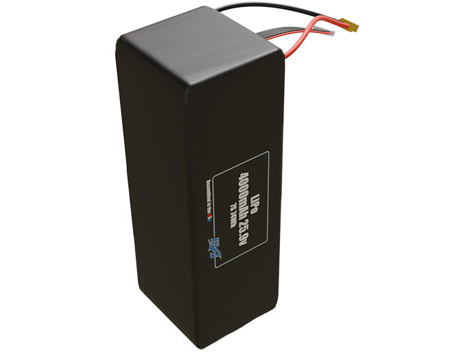 Side-angle render of a 25.9-volt 4000mAh lithium-polymer battery, assembled in the USA for compact UAV, drone, and military robotics platforms.