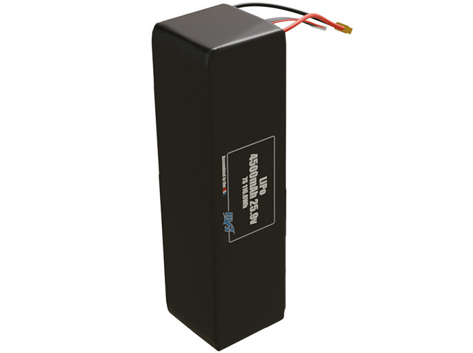 Side-angle render of a 25.9-volt 4500mAh lithium-polymer battery, assembled in the USA for compact UAV, drone, and military robotics platforms.