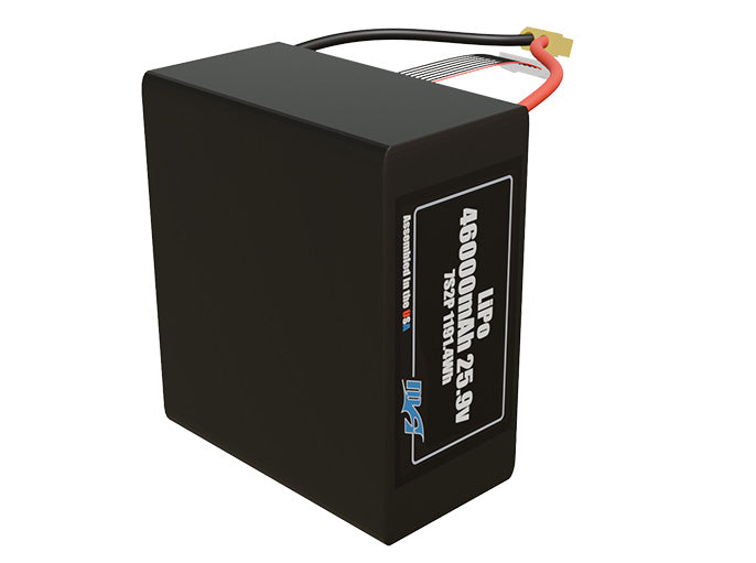 Side-angle render of a 25.9-volt 46000mAh lithium-polymer battery, assembled in the USA for compact UAV, drone, and military robotics platforms.