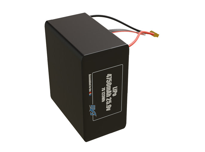 Side-angle render of a 25.9-volt 4750mAh lithium-polymer battery, assembled in the USA for compact UAV, drone, and military robotics platforms.