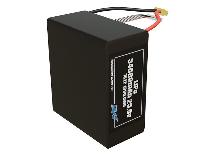 Side-angle render of a 25.9-volt 54000mAh lithium-polymer battery, assembled in the USA for compact UAV, drone, and military robotics platforms.