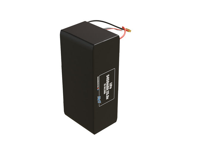 Side-angle render of a 25.9-volt 5450mAh lithium-polymer battery, assembled in the USA for compact UAV, drone, and military robotics platforms.