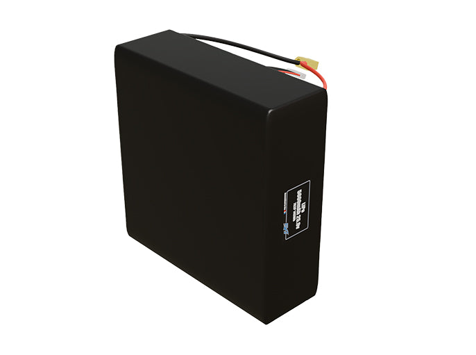 Side-angle render of a 25.9-volt 5600mAh lithium-polymer battery, assembled in the USA for compact UAV, drone, and military robotics platforms.