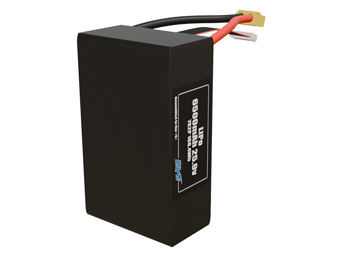 Side-angle render of a 25.9-volt 6500mAh lithium-polymer battery, assembled in the USA for compact UAV, drone, and military robotics platforms.