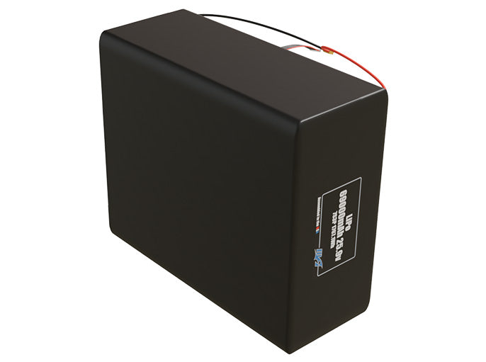 Side-angle render of a 25.9-volt 69000mAh lithium-polymer battery, assembled in the USA for compact UAV, drone, and military robotics platforms.