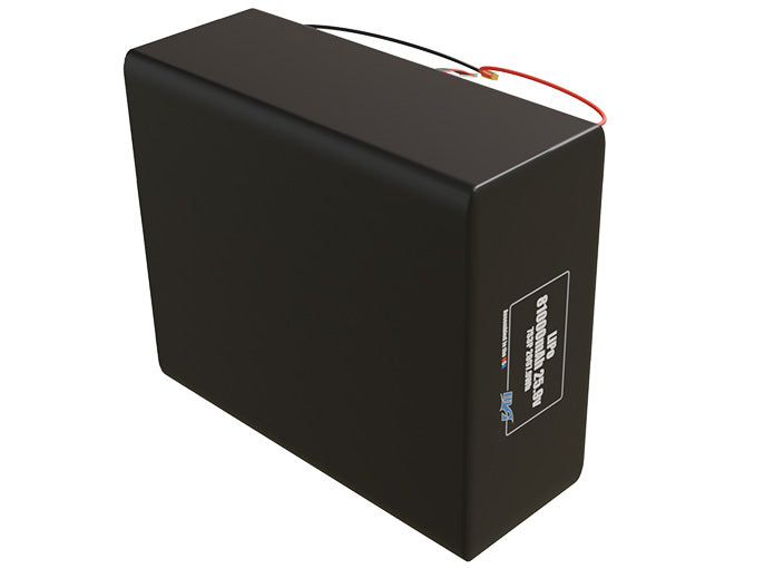 Side-angle render of a 25.9-volt 81000mAh lithium-polymer battery, assembled in the USA for compact UAV, drone, and military robotics platforms.