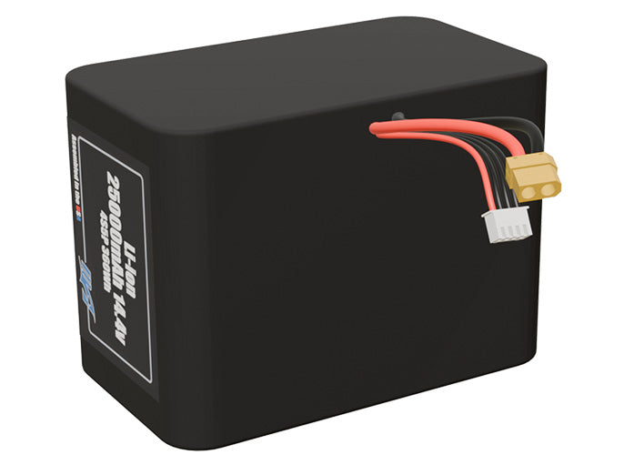 Angled product render of the 25000mAh 20-cell Lithium-ion pack. A lightweight energy source for UAV, drone, and robotic builds.