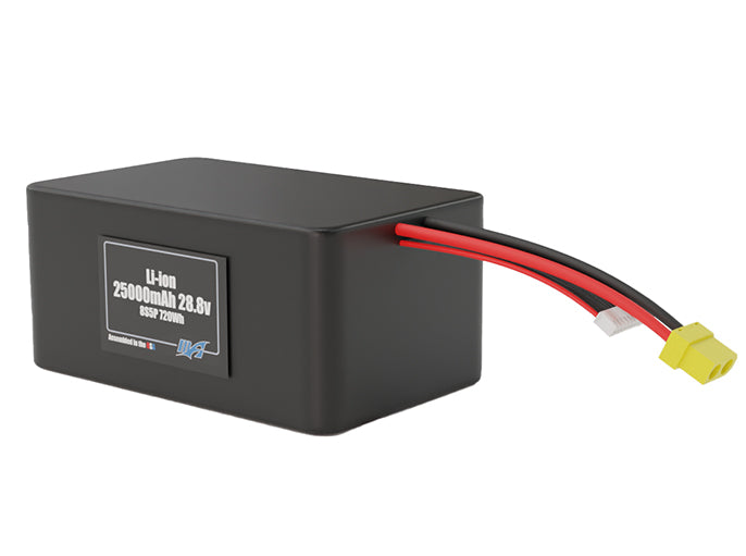 Angled product render of the 25000mAh 40-cell Lithium-ion pack. A lightweight energy source for UAV, drone, and robotic builds.