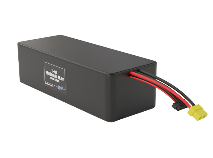 Angled product render of the 25000mAh 65-cell Lithium-ion pack. A lightweight energy source for UAV, drone, and robotic builds.