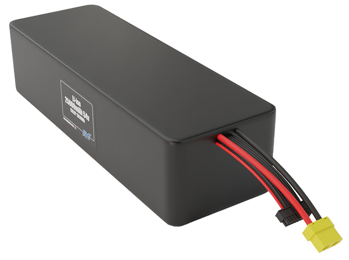Angled product render of the 25000mAh 75-cell Lithium-ion pack. A lightweight energy source for UAV, drone, and robotic builds.