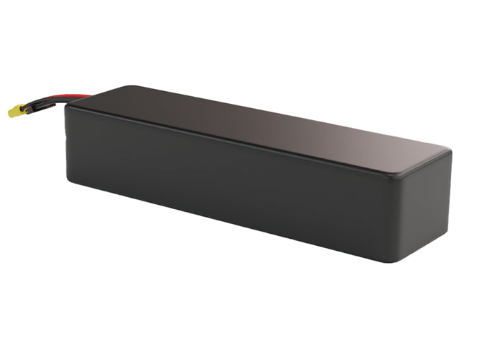 Rendered view of a slim 25000mAh Lithium-Ion pack, used in large UAV and defense-grade robotics projects.
