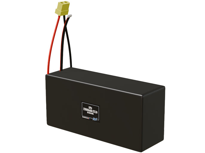 Angled product render of the 27000mAh 6-cell LiPo pack. A lightweight energy source for UAV, drone, and robotic builds.