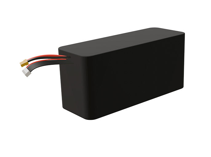 Side-angle render of a 28.8-volt 10500mAh lithium-ion battery, assembled in the USA for compact UAV, drone, and military robotics platforms.