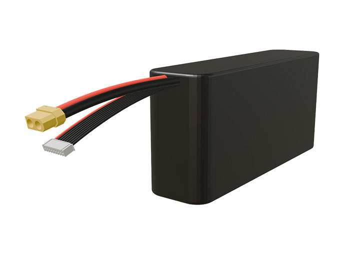 Side-angle render of a 28.8-volt 12000mAh lithium-ion battery, assembled in the USA for compact UAV, drone, and military robotics platforms.