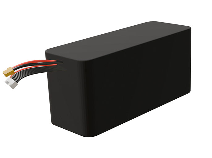 Side-angle render of a 28.8-volt 13500mAh lithium-ion battery, assembled in the USA for compact UAV, drone, and military robotics platforms.