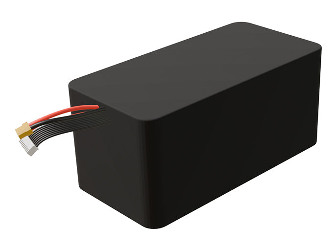 Side-angle render of a 28.8-volt 14000mAh lithium-ion battery, assembled in the USA for compact UAV, drone, and military robotics platforms.
