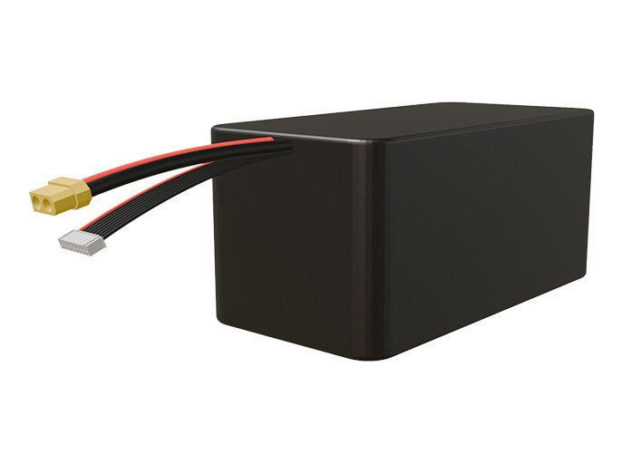 Side-angle render of a 28.8-volt 24000mAh lithium-ion battery, assembled in the USA for compact UAV, drone, and military robotics platforms.