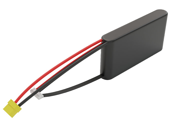 Side-angle render of a 28.8-volt 3500mAh lithium-ion battery, assembled in the USA for compact UAV, drone, and military robotics platforms.