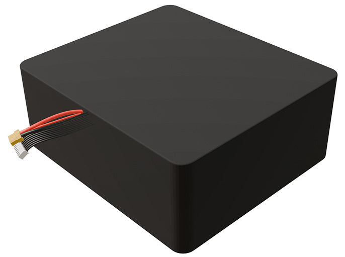 Side-angle render of a 28.8-volt 40000mAh lithium-ion battery, assembled in the USA for compact UAV, drone, and military robotics platforms.