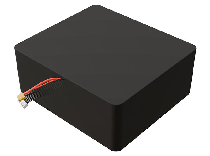 Side-angle render of a 28.8-volt 45000mAh lithium-ion battery, assembled in the USA for compact UAV, drone, and military robotics platforms.