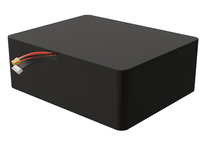 Side-angle render of a 28.8-volt 50000mAh lithium-ion battery, assembled in the USA for compact UAV, drone, and military robotics platforms.