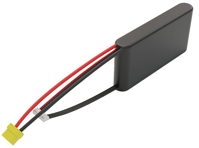 Side-angle render of a 28.8-volt 5000mAh lithium-ion battery, assembled in the USA for compact UAV, drone, and military robotics platforms.