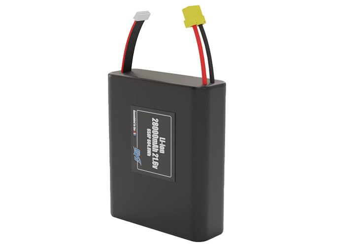 Angled product render of the 28000mAh 48-cell Lithium-ion pack. A lightweight energy source for UAV, drone, and robotic builds.