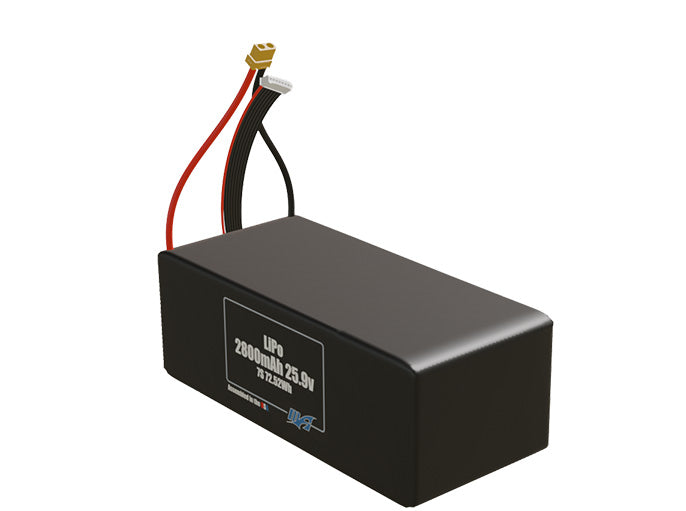 Angled product render of the 2800mAh 7-cell LiPo pack. A lightweight energy source for UAV, drone, and robotic builds.