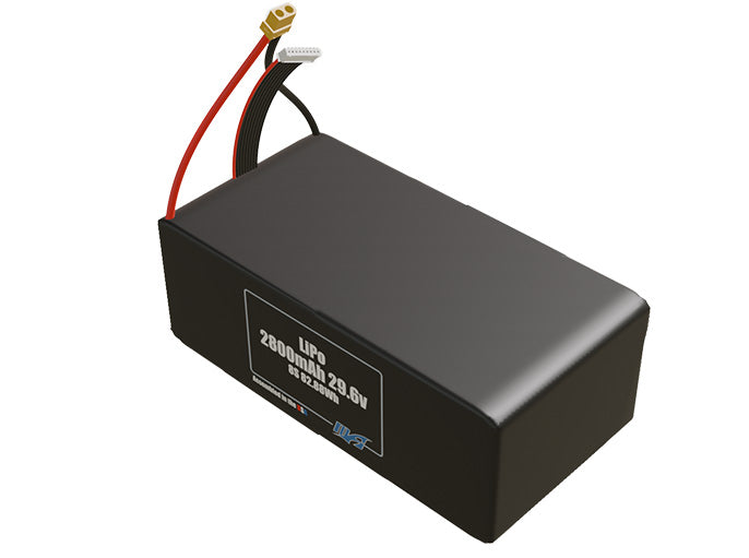 Angled product render of the 2800mAh 8-cell LiPo pack. A lightweight energy source for UAV, drone, and robotic builds.