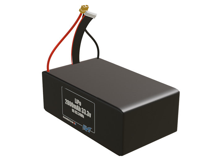 Angled product render of the 2800mAh 9-cell LiPo pack. A lightweight energy source for UAV, drone, and robotic builds.
