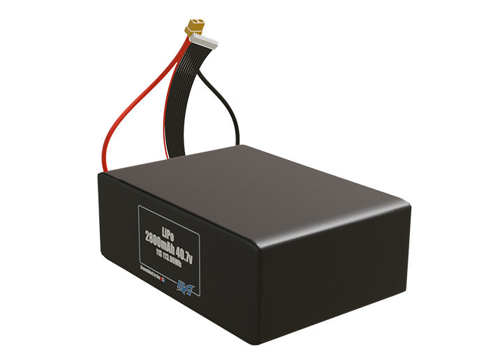 Angled product render of the 2800mAh 11-cell LiPo pack. A lightweight energy source for UAV, drone, and robotic builds.