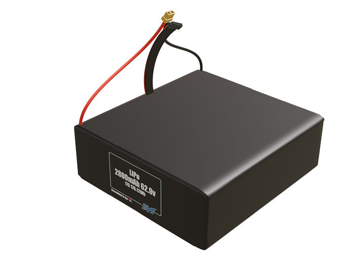 Angled product render of the 2800mAh 17-cell LiPo pack. A lightweight energy source for UAV, drone, and robotic builds.