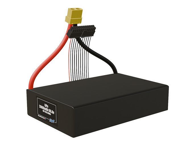 Angled product render of the 2800mAh 18-cell LiPo pack. A lightweight energy source for UAV, drone, and robotic builds.