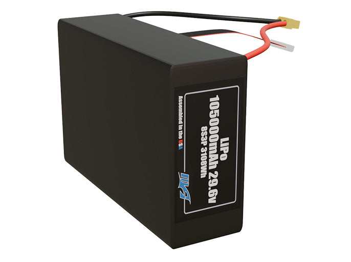 Side-angle render of a 29.6-volt 105000mAh lithium-polymer battery, assembled in the USA for compact UAV, drone, and military robotics platforms.
