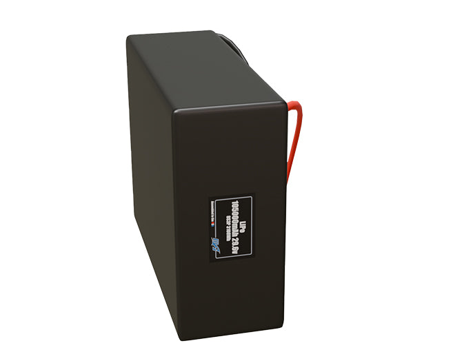 Side-angle render of a 29.6-volt 105000mAh lithium-polymer battery, assembled in the USA for compact UAV, drone, and military robotics platforms.