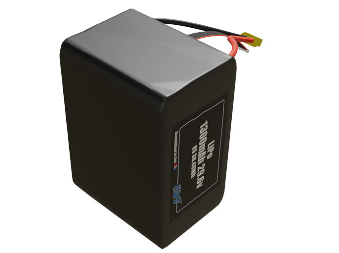 Side-angle render of a 29.6-volt 1300mAh lithium-polymer battery, assembled in the USA for compact UAV, drone, and military robotics platforms.
