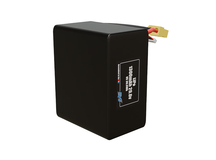 Side-angle render of a 29.6-volt 1300mAh lithium-polymer battery, assembled in the USA for compact UAV, drone, and military robotics platforms.