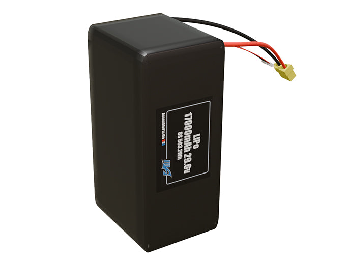 Side-angle render of a 29.6-volt 17000mAh lithium-polymer battery, assembled in the USA for compact UAV, drone, and military robotics platforms.