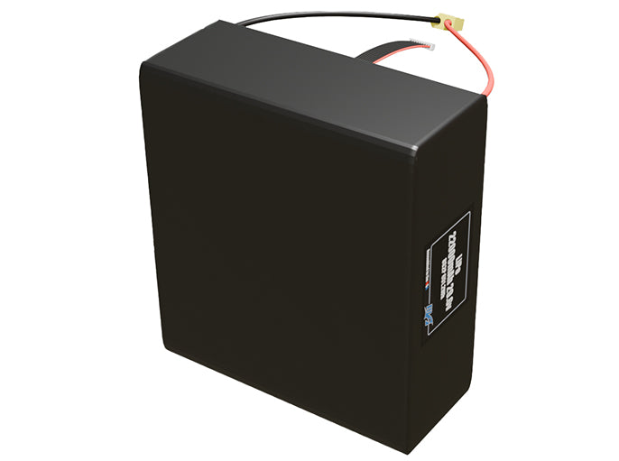 Side-angle render of a 29.6-volt 22000mAh lithium-polymer battery, assembled in the USA for compact UAV, drone, and military robotics platforms.