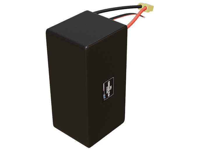 Side-angle render of a 29.6-volt 23000mAh lithium-polymer battery, assembled in the USA for compact UAV, drone, and military robotics platforms.