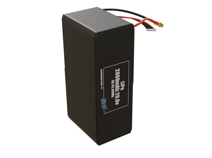 Side-angle render of a 29.6-volt 2800mAh lithium-polymer battery, assembled in the USA for compact UAV, drone, and military robotics platforms.